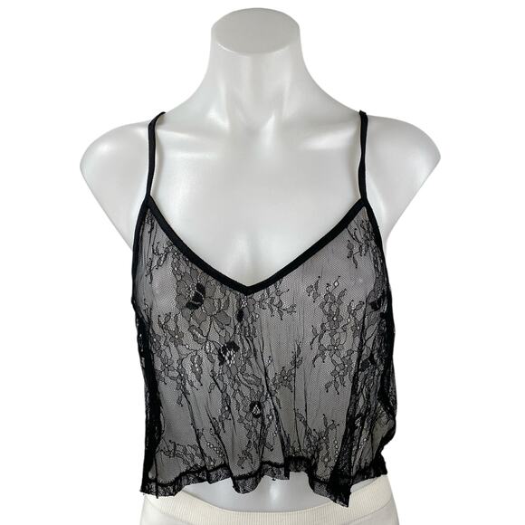 NEW Oak + Fort Black Lace Mesh Floral Sleeveless Cami Camisole Crop Tank Top S - Picture 1 of 4